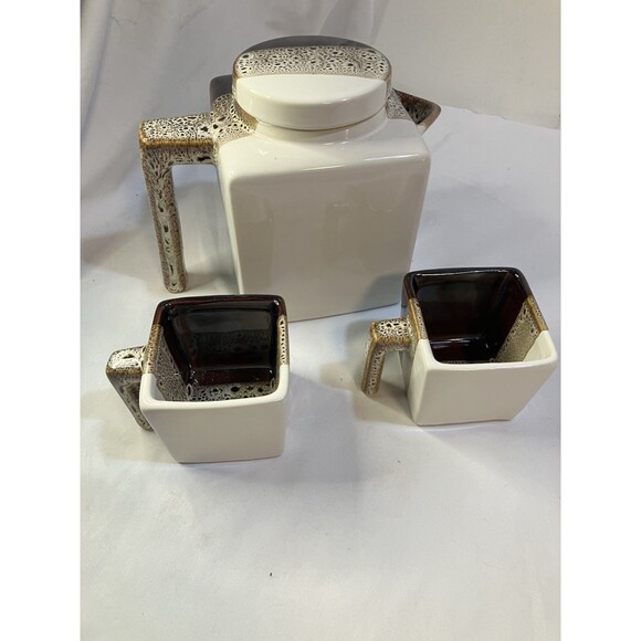 Tri Color Pier 1 Imports Stoneware Teapot/2 Cups Brown Tea Coffee Set - Picture 3 of 7